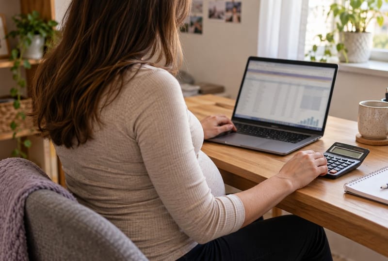 Trudnica za stolom koristi kalkulator i laptop