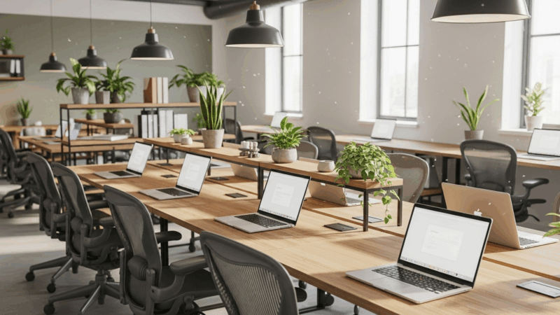 Moderna IT kancelarija sa radnim mestima i računarima