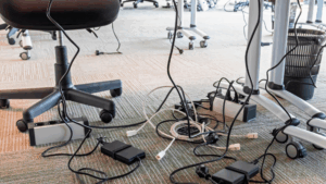 Zapetljani kablovi ispod stolova sa kompjuterima na radnom mestu